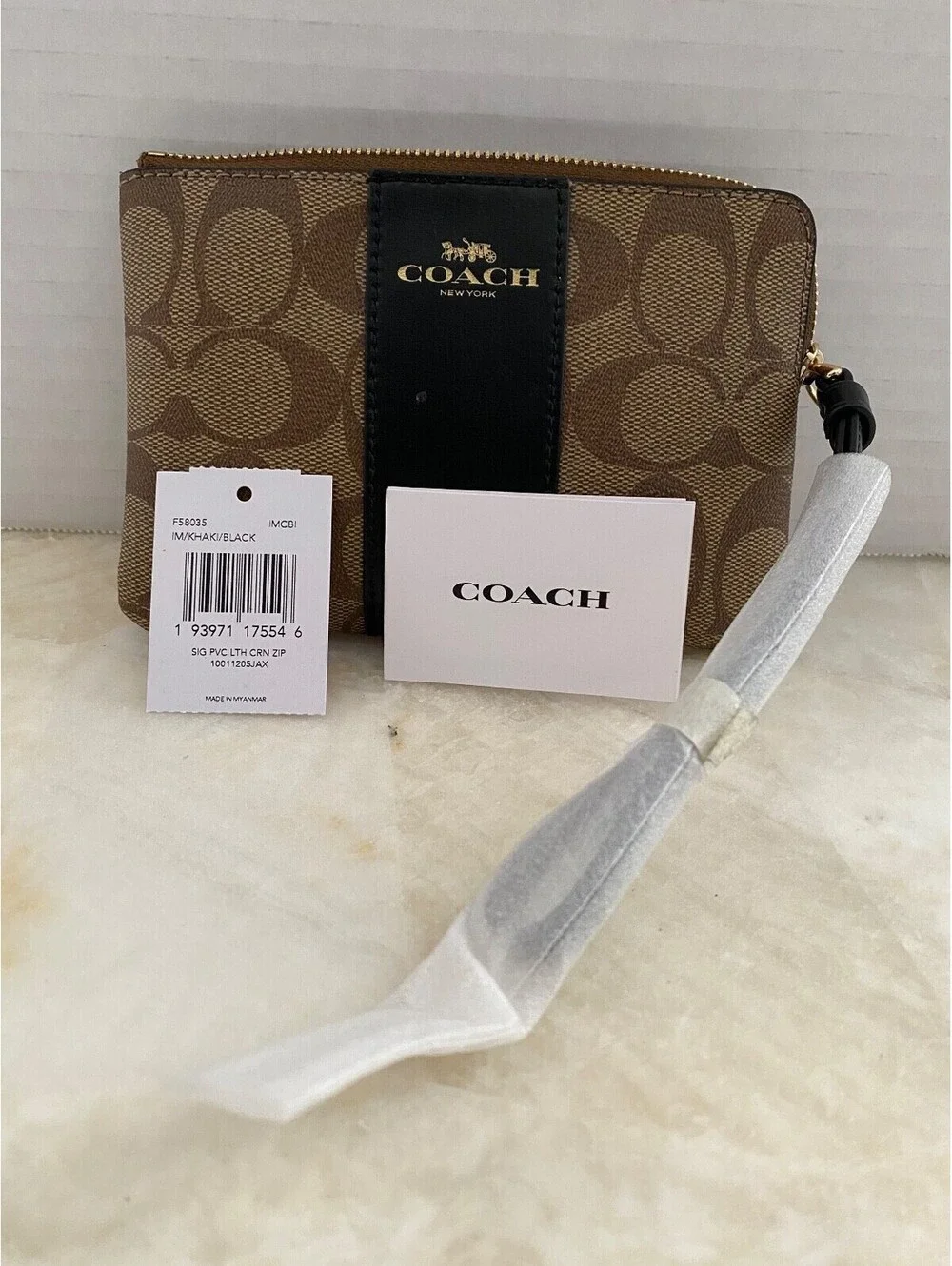 COACH WOMENS Signature PVC Leather Corner Zip Wristlet Khaki Black Leather Wrist